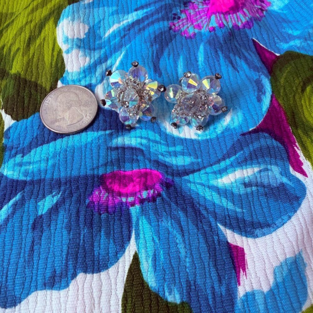 Signed Vendome Vintage 1950s Aurora Borealis AB Crystal Flower Clip On Earrings.